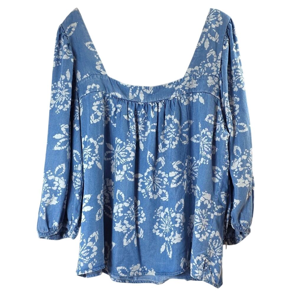 NWT Womens Sz XXL Blue Puff Sleeve Square Neck Beachy Y2K Babydoll Tunic Top